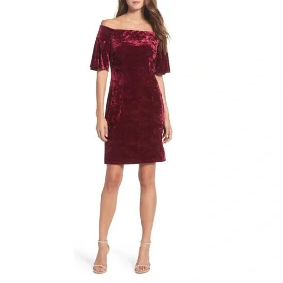 Eliza J Women's Off The Shoulder Velveteen Burgundy Party Sheath Dress Sz 8 - Picture 1 of 9
